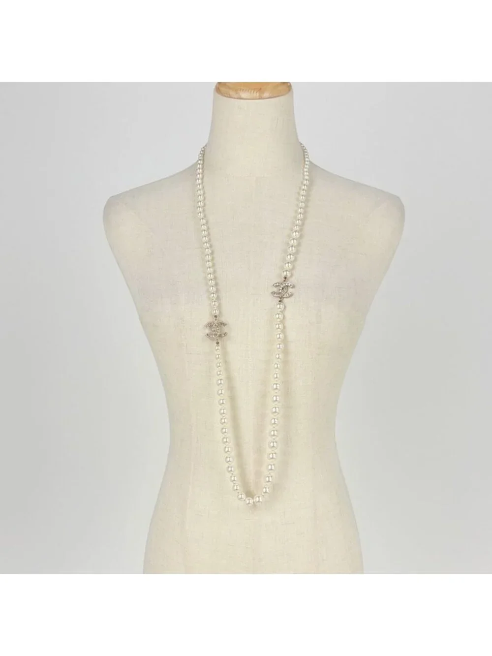 Chanel Necklace CC Logo Long Faux Pearl Rhinestone Gold